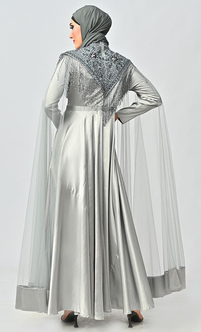 Grey Detailed Hand And Machine Embroidery Abaya With Heavy Tassels - Final Sale