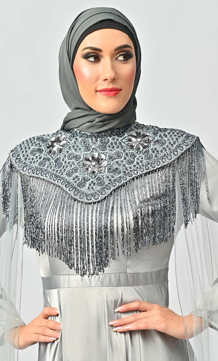 Grey Detailed Hand And Machine Embroidery Abaya With Heavy Tassels - Final Sale