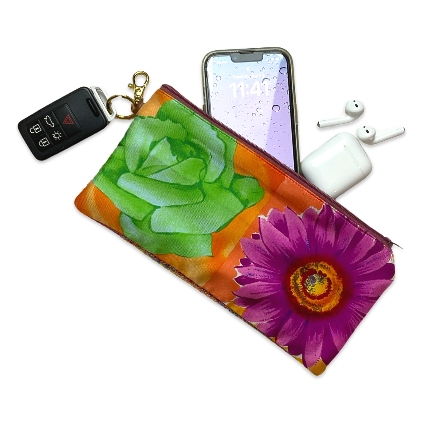 Flower Pop Vintage Silk Scarf Coffee Run Keychain Bag XL