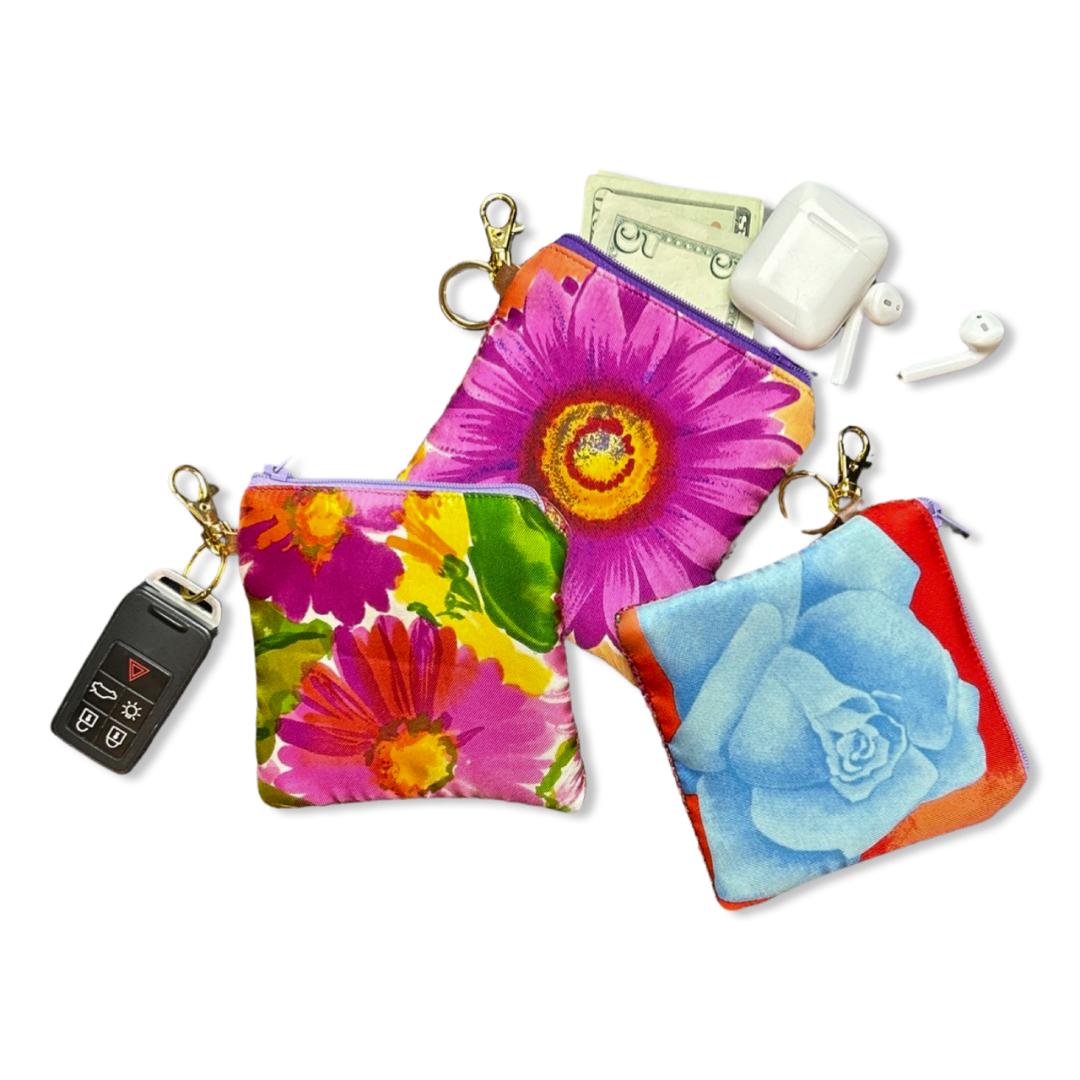 Flower Pop Vintage Silk Scarf Coffee Run Keychain Bag