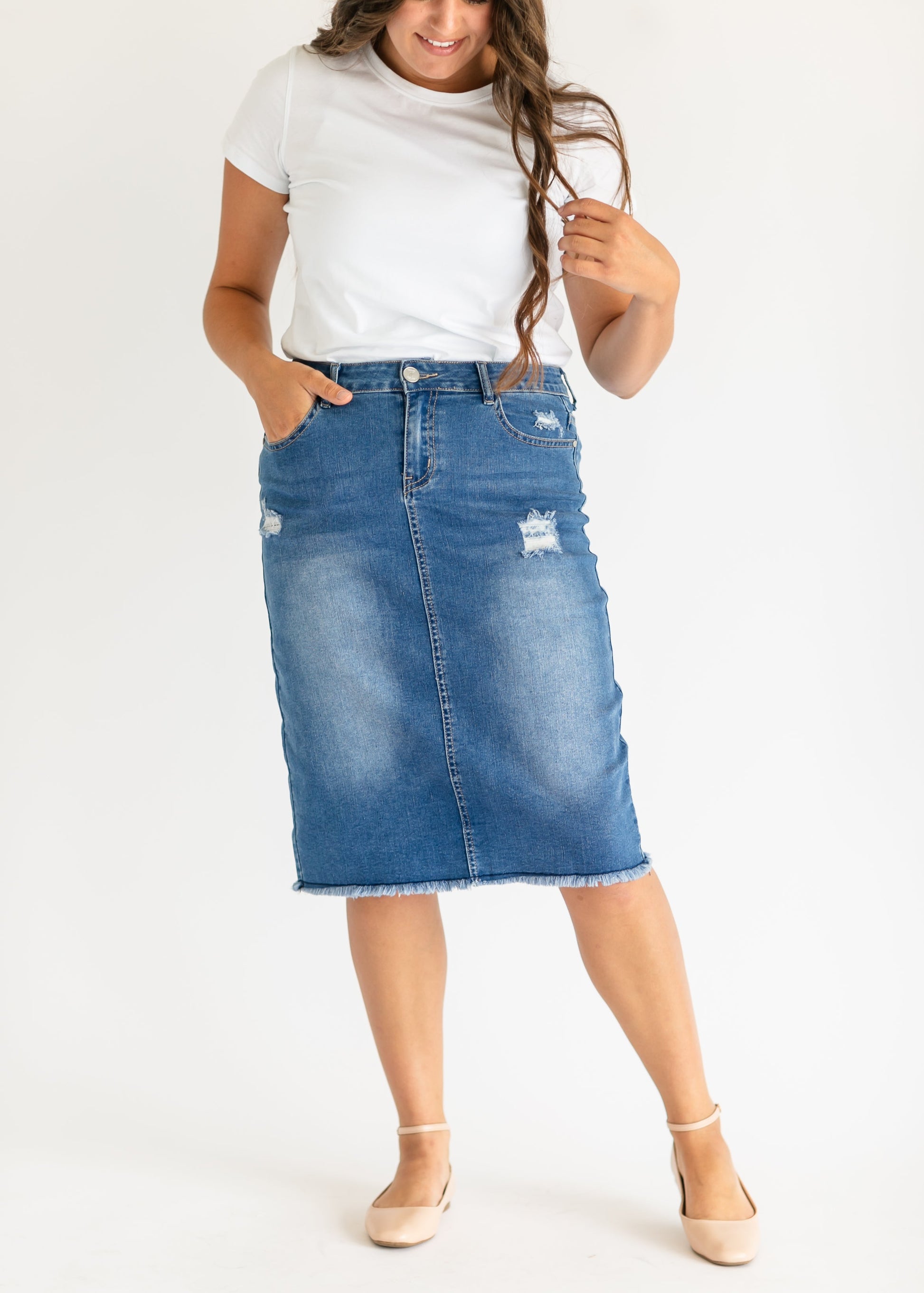Hadley High Rise Denim Midi Skirt - Concordia Style Boutique