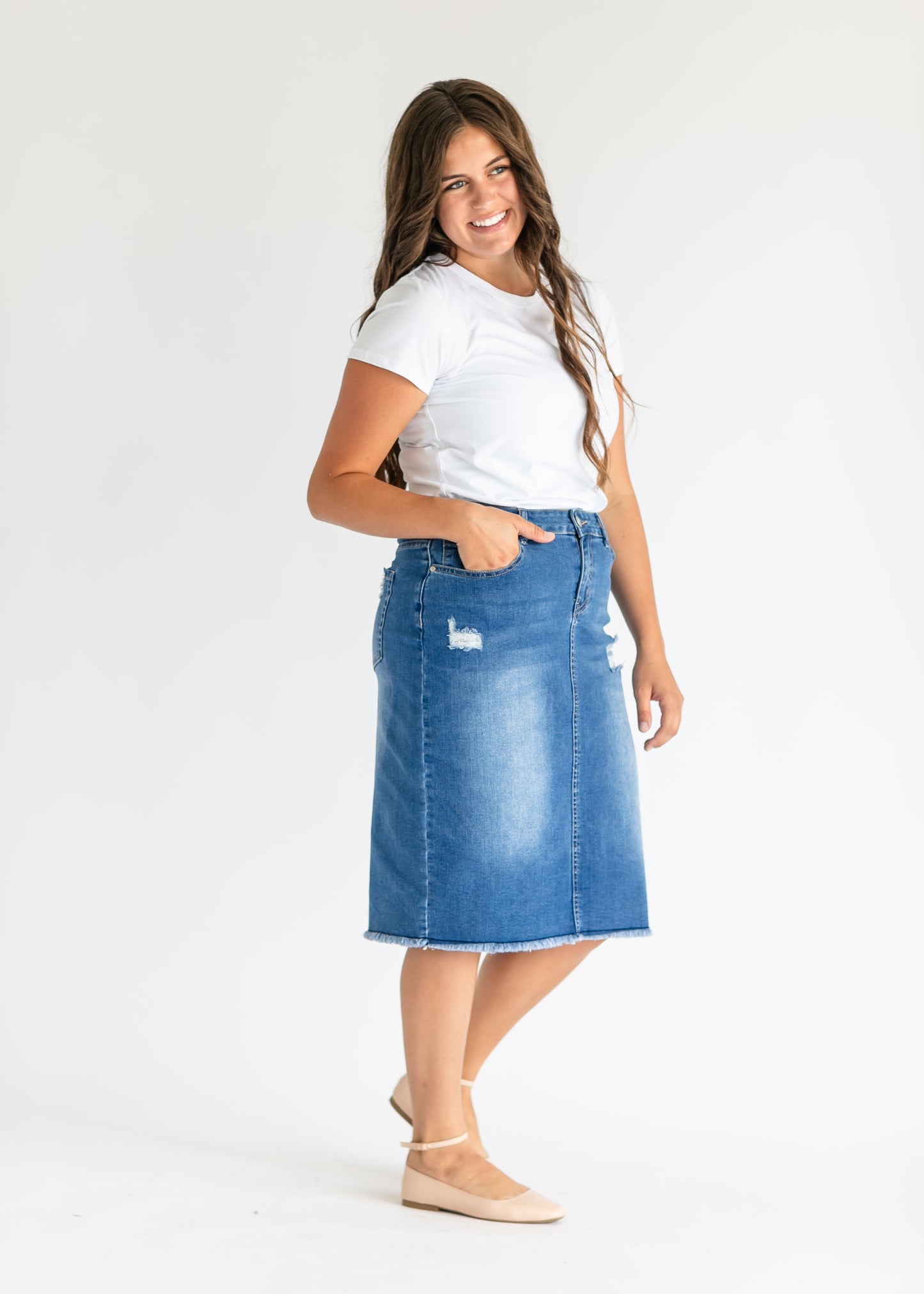 Hadley High Rise Denim Midi Skirt - Concordia Style Boutique