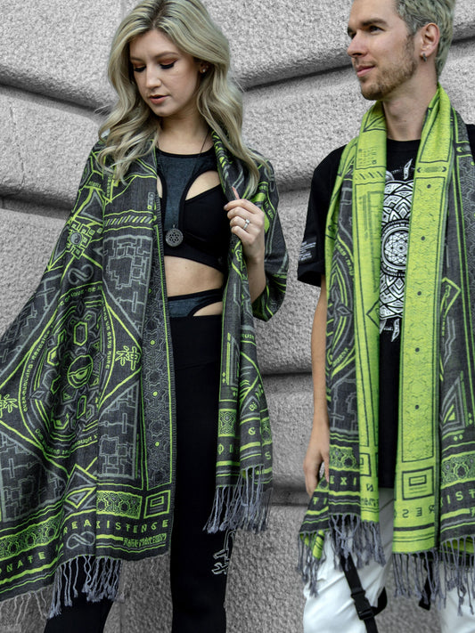 DHARMA V2 • Grey / Neon Yellow • UV REACTIVE • Festival Shawl/Scarf - Concordia Style Boutique