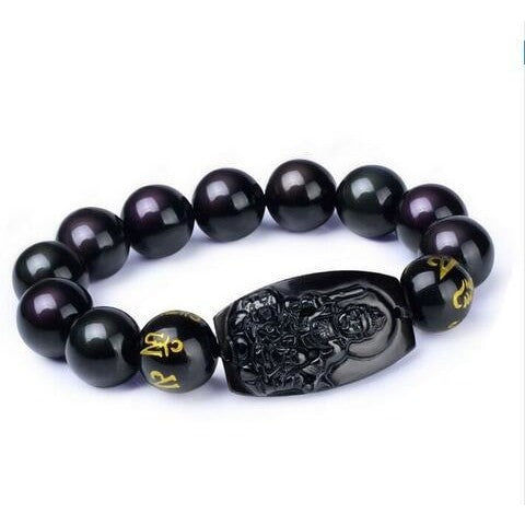 Natural Black Obsidian Carved Buddha Bracelet - Clarity and Protection