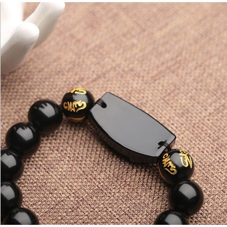 Natural Black Obsidian Carved Buddha Bracelet - Clarity and Protection