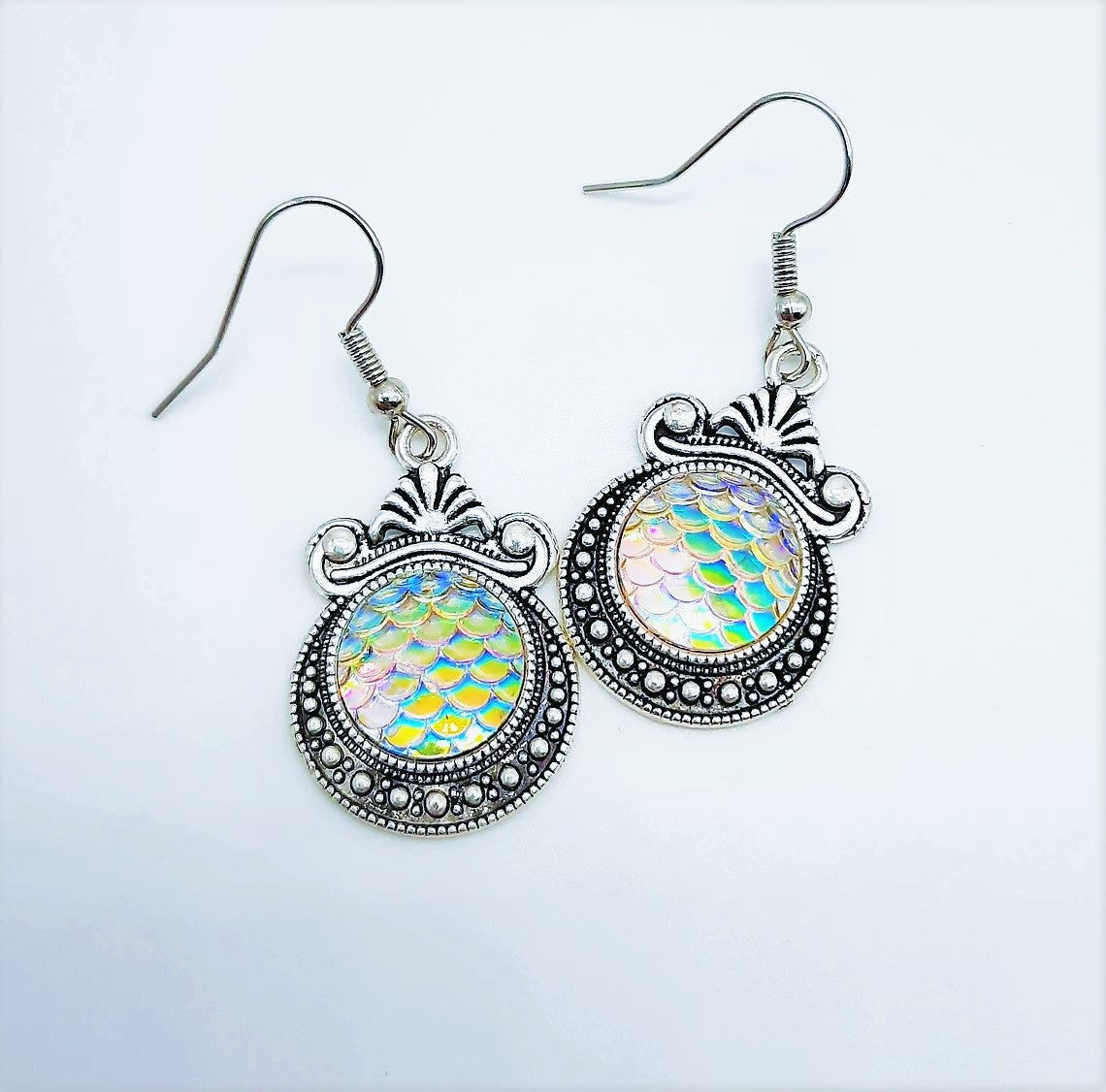 Iridescent Mermaid Scale Tibetan Earrings