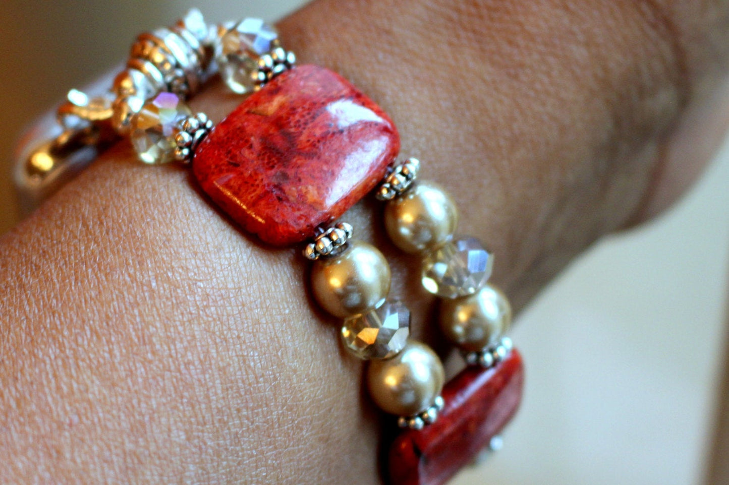 Watch Band for Apple Watch, Red Sponge Coral with Gold Pearls and Crystals