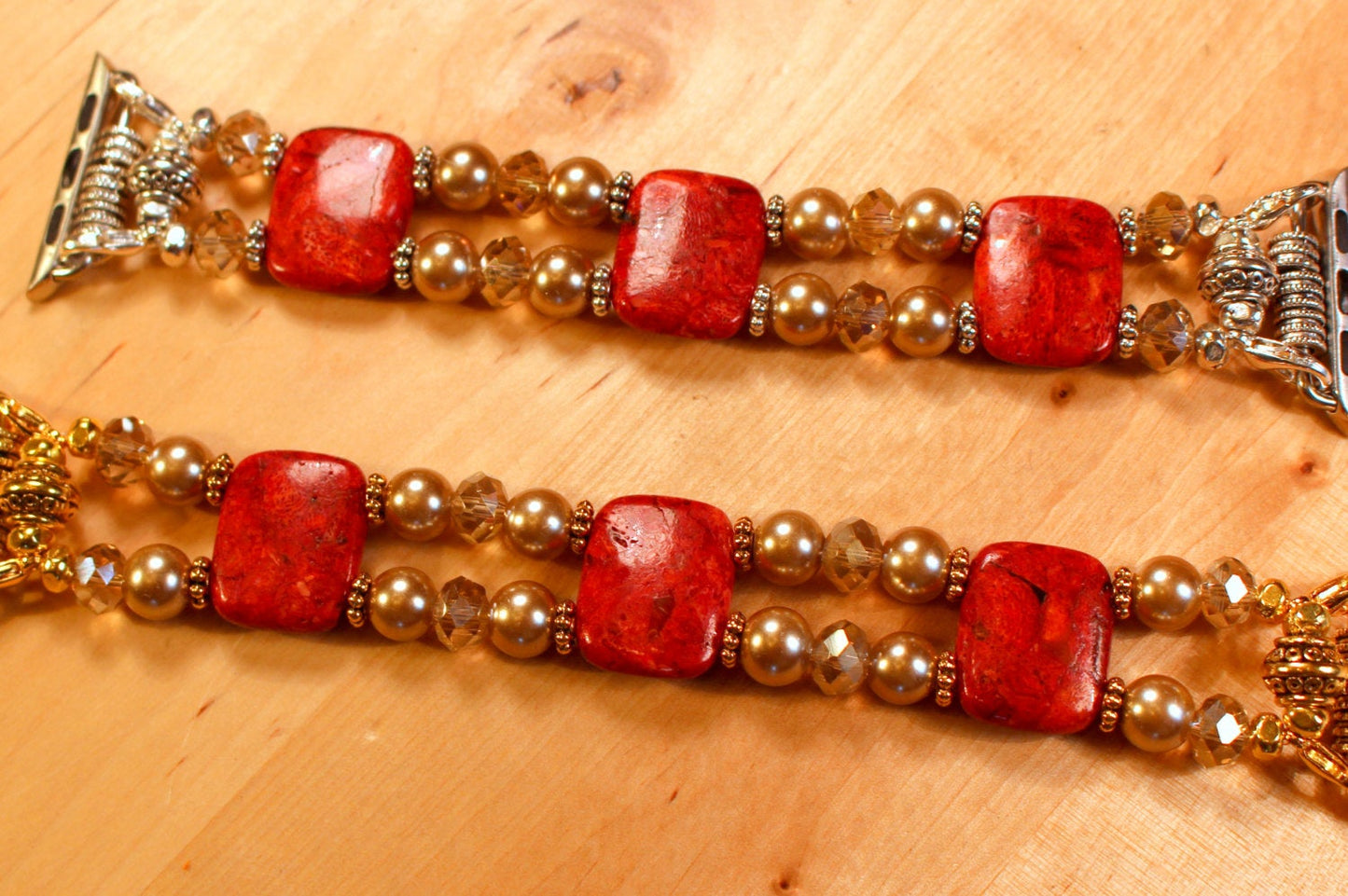 Watch Band for Apple Watch, Red Sponge Coral with Gold Pearls and Crystals