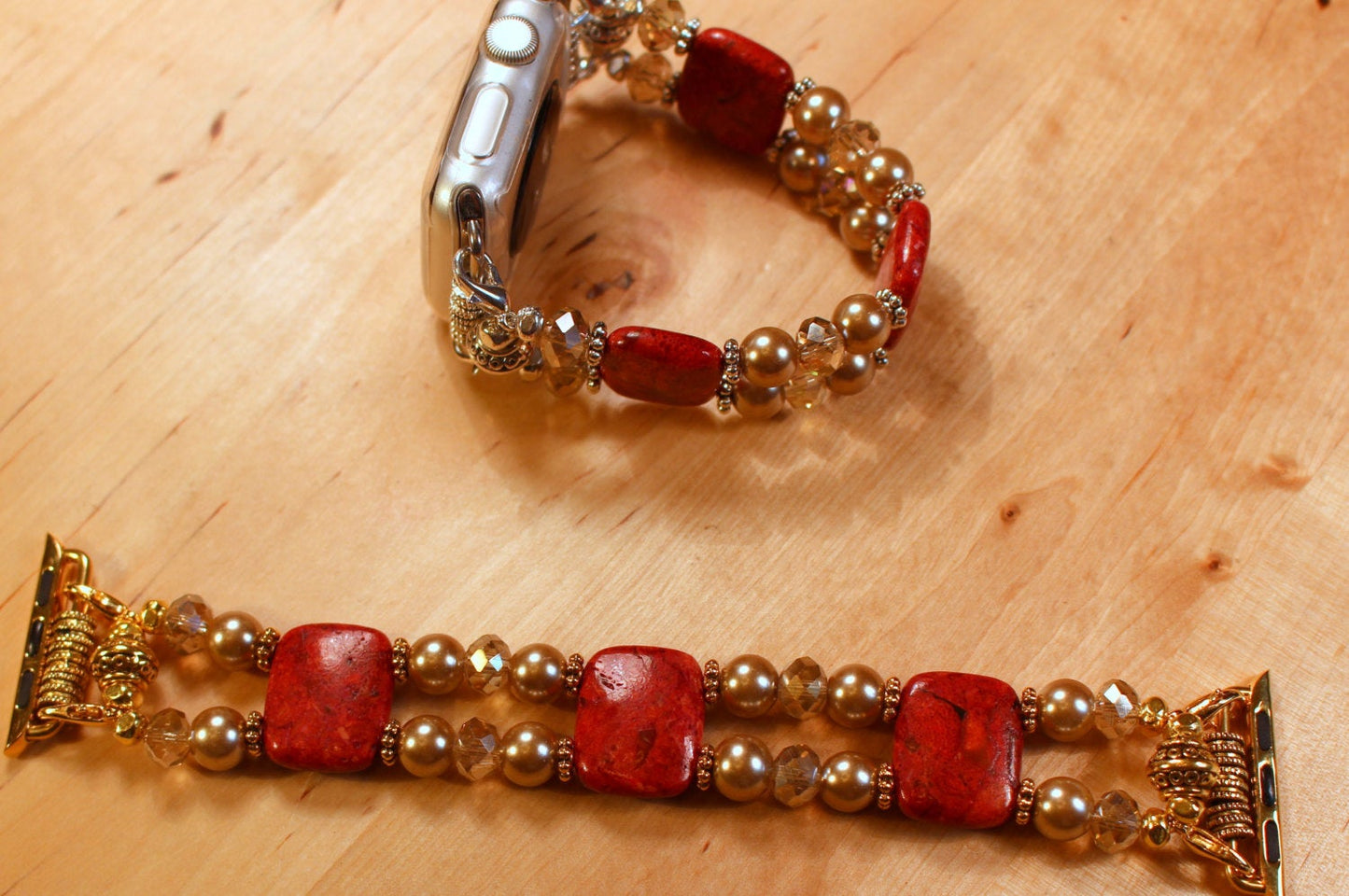 Watch Band for Apple Watch, Red Sponge Coral with Gold Pearls and Crystals