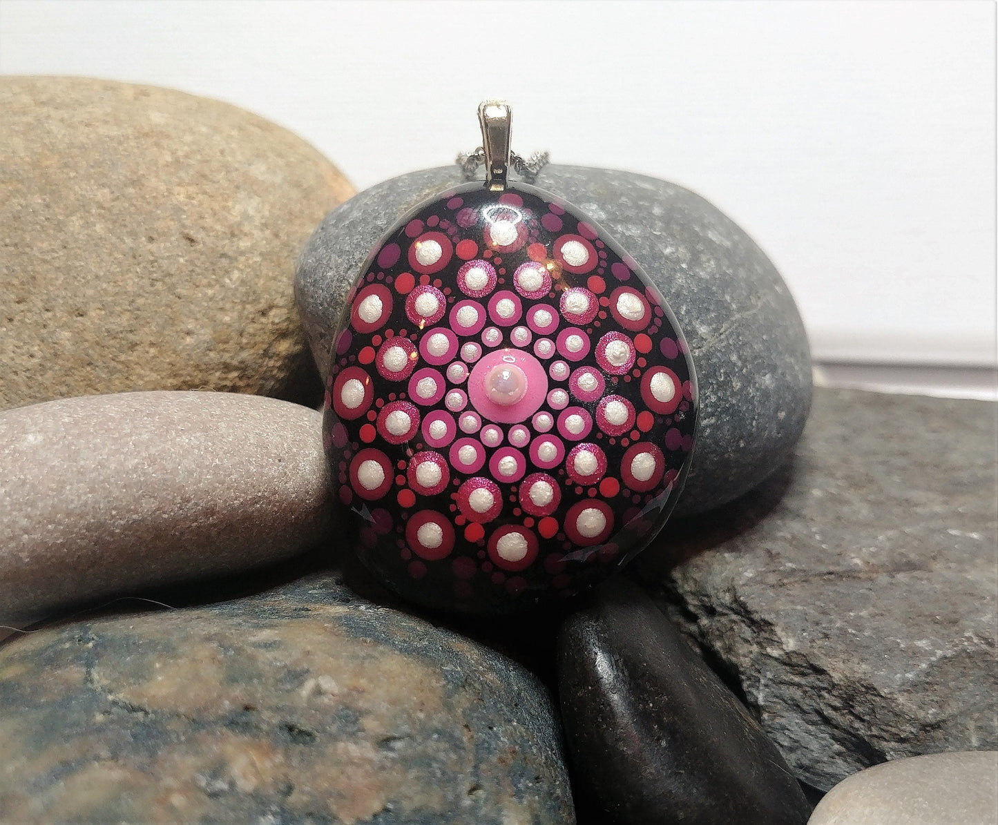 Handpainted Pink / Red Mandala Necklace