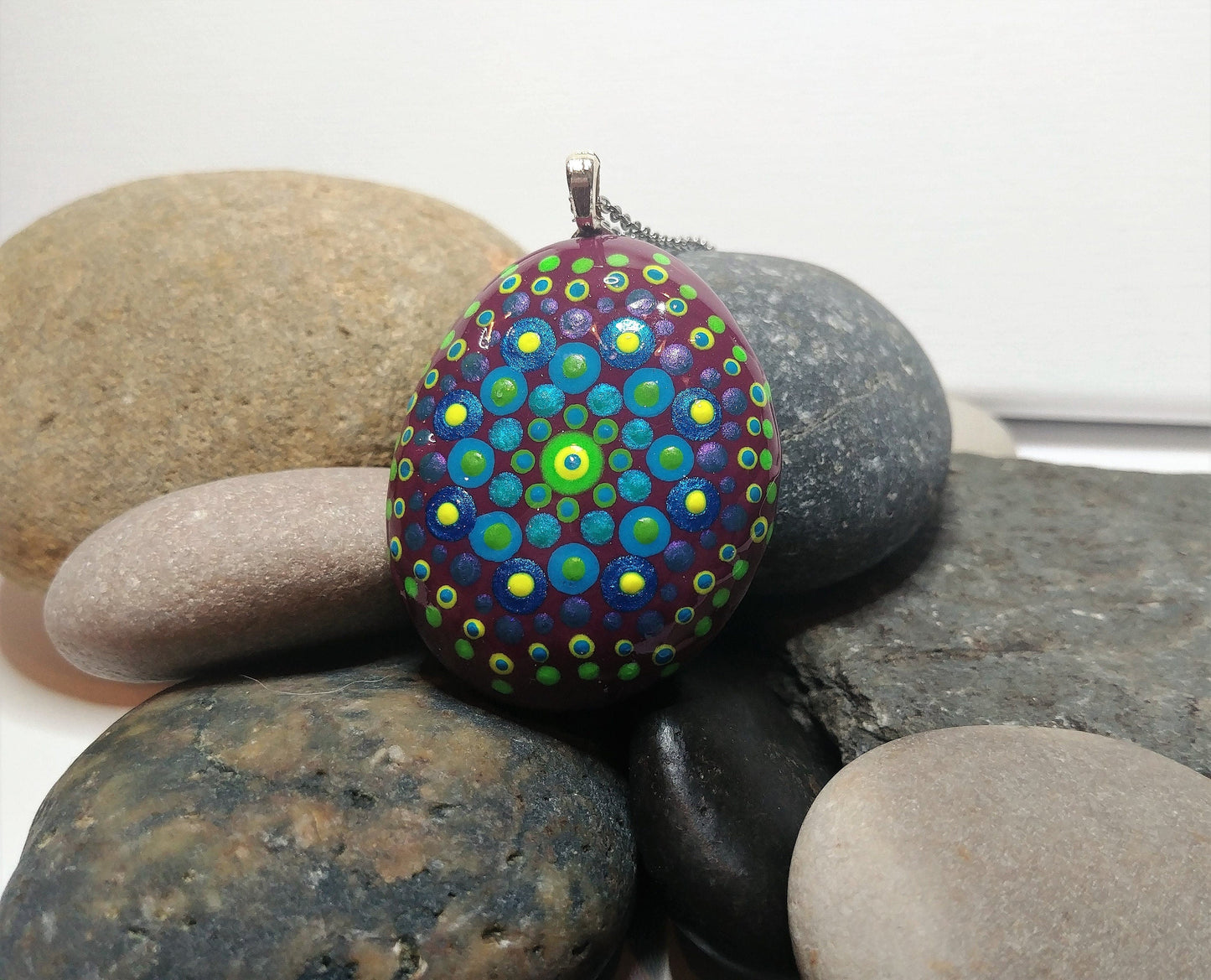 Handpainted Blue / Green Mandala Necklace