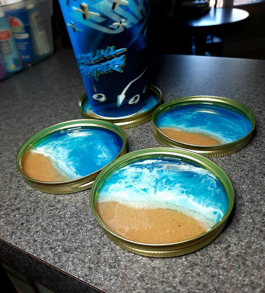 Resin Seascape Mason Jar Lid Coasters (Set of 4)