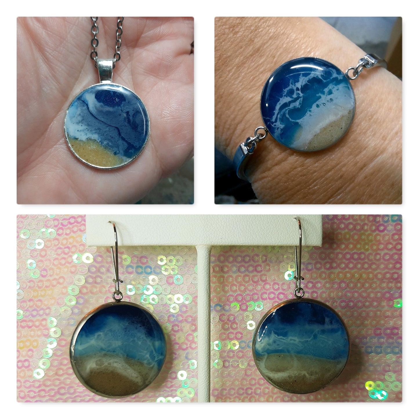 Circle Resin Seascape Necklace, Earring, & Bracelet Set