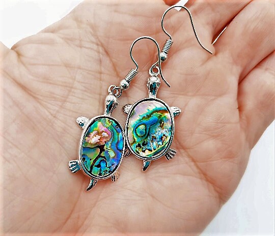 Abalone / Paua Seashell Sea Turtle Dangle Earrings