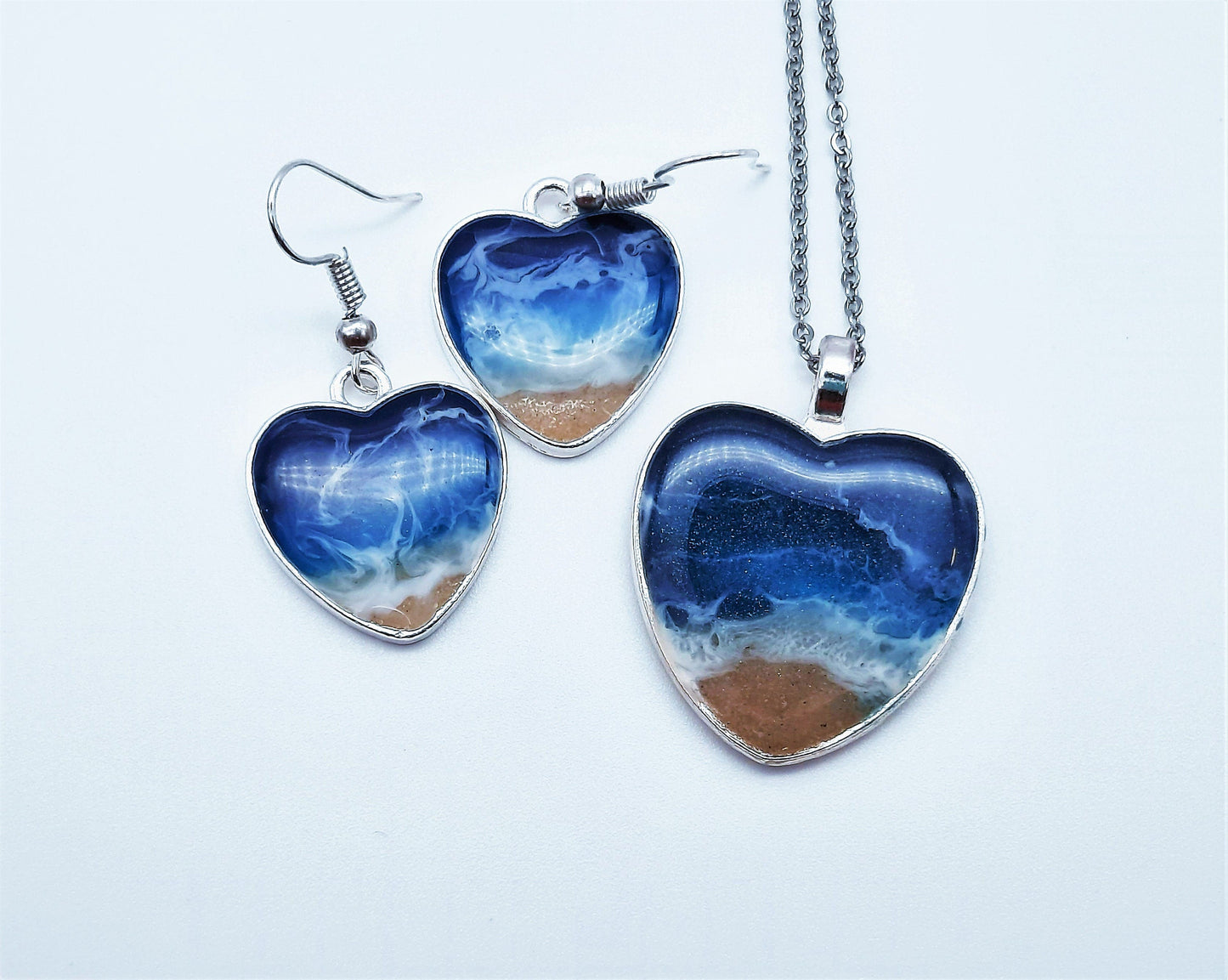 Heart Shaped Resin Seascape Necklace & Earring Set