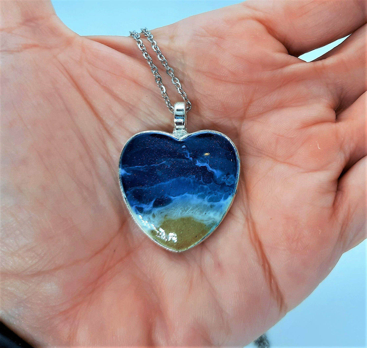 Heart Shaped Resin Seascape Necklace & Earring Set