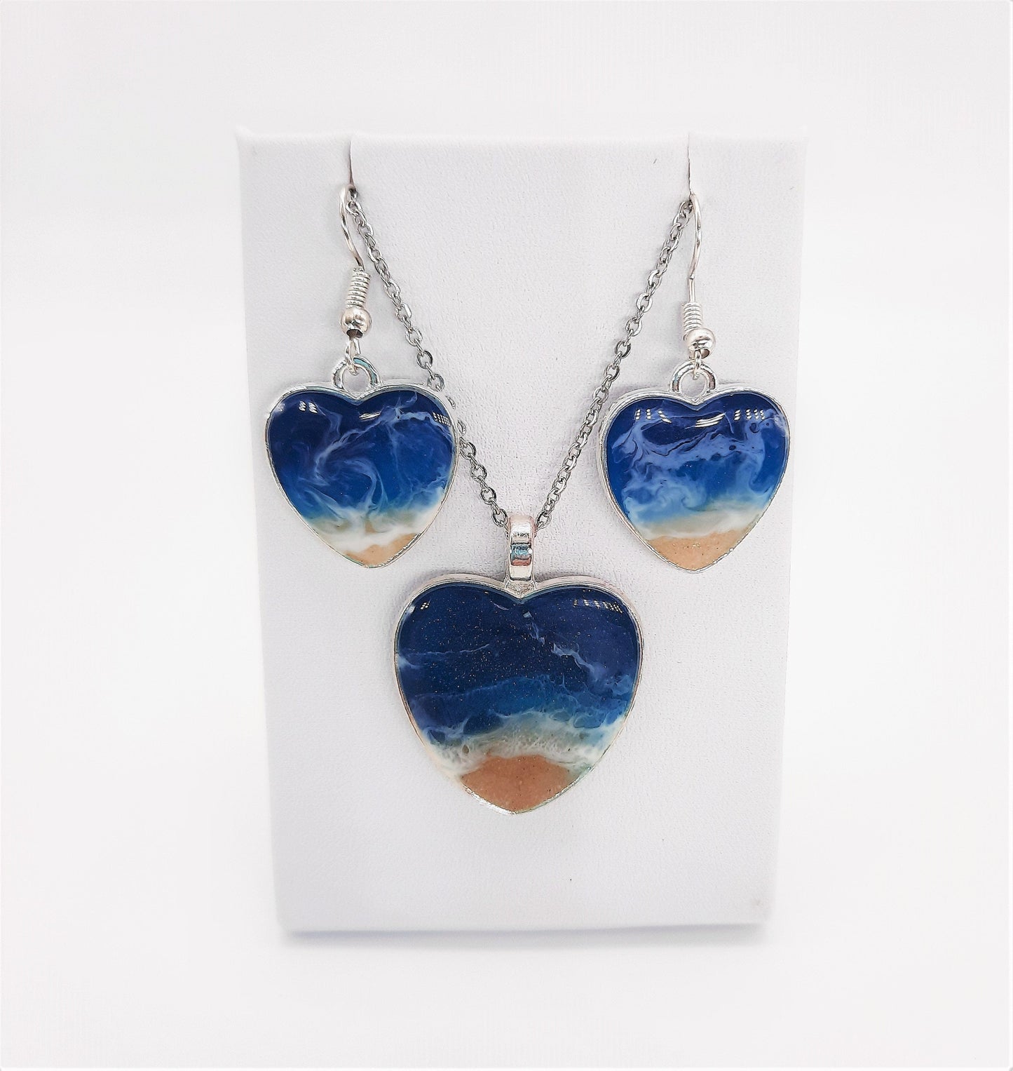 Heart Shaped Resin Seascape Necklace & Earring Set