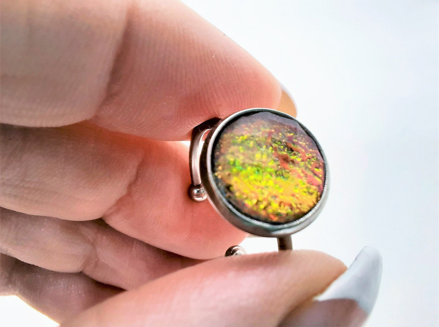 Iridescent Green / Copper Rhinestone Finger Cuff Ring, Size 7