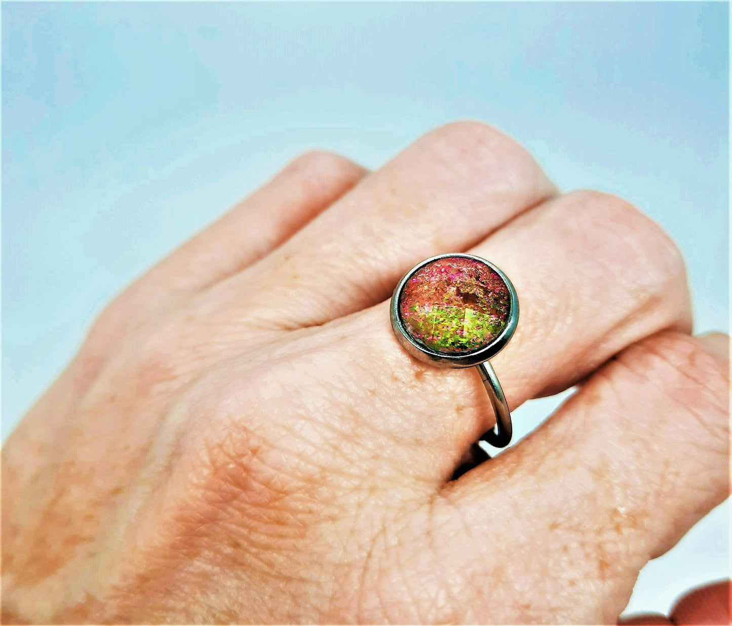 Iridescent Red / Yellow Rhinestone Finger Cuff Ring, Size 7