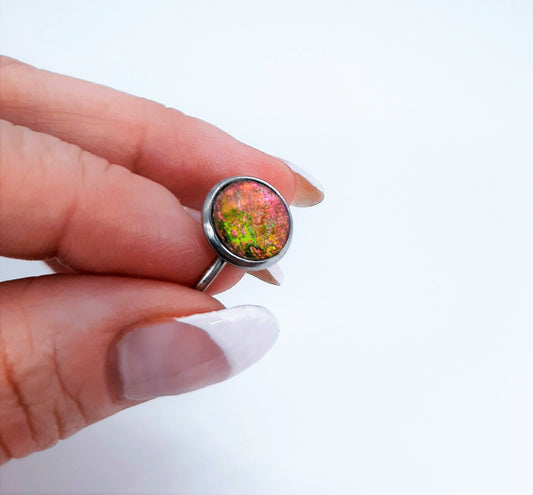 Iridescent Red / Yellow Rhinestone Finger Cuff Ring, Size 7