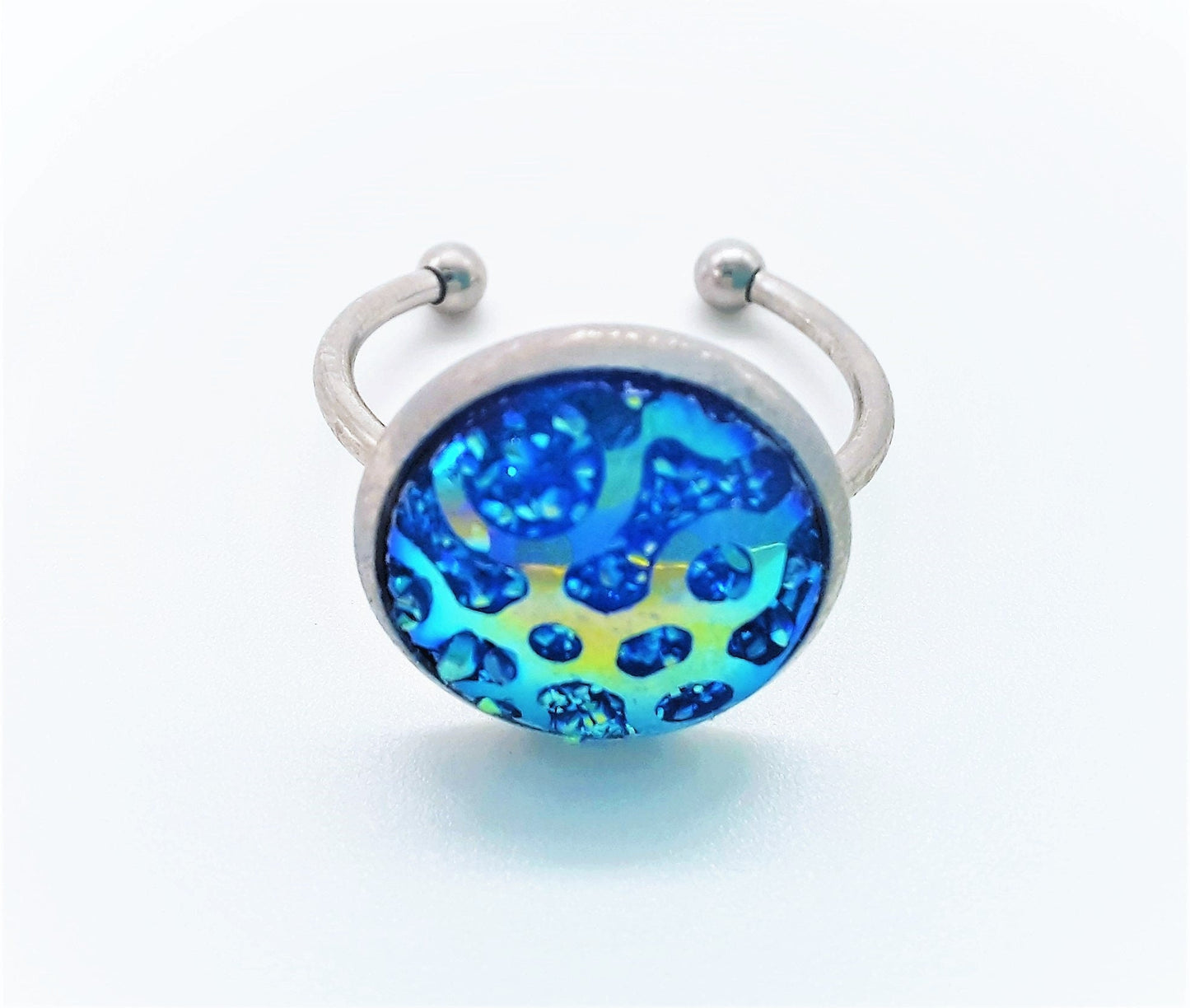 Iridescent Blue Resin Cuff Finger Ring, Size 7