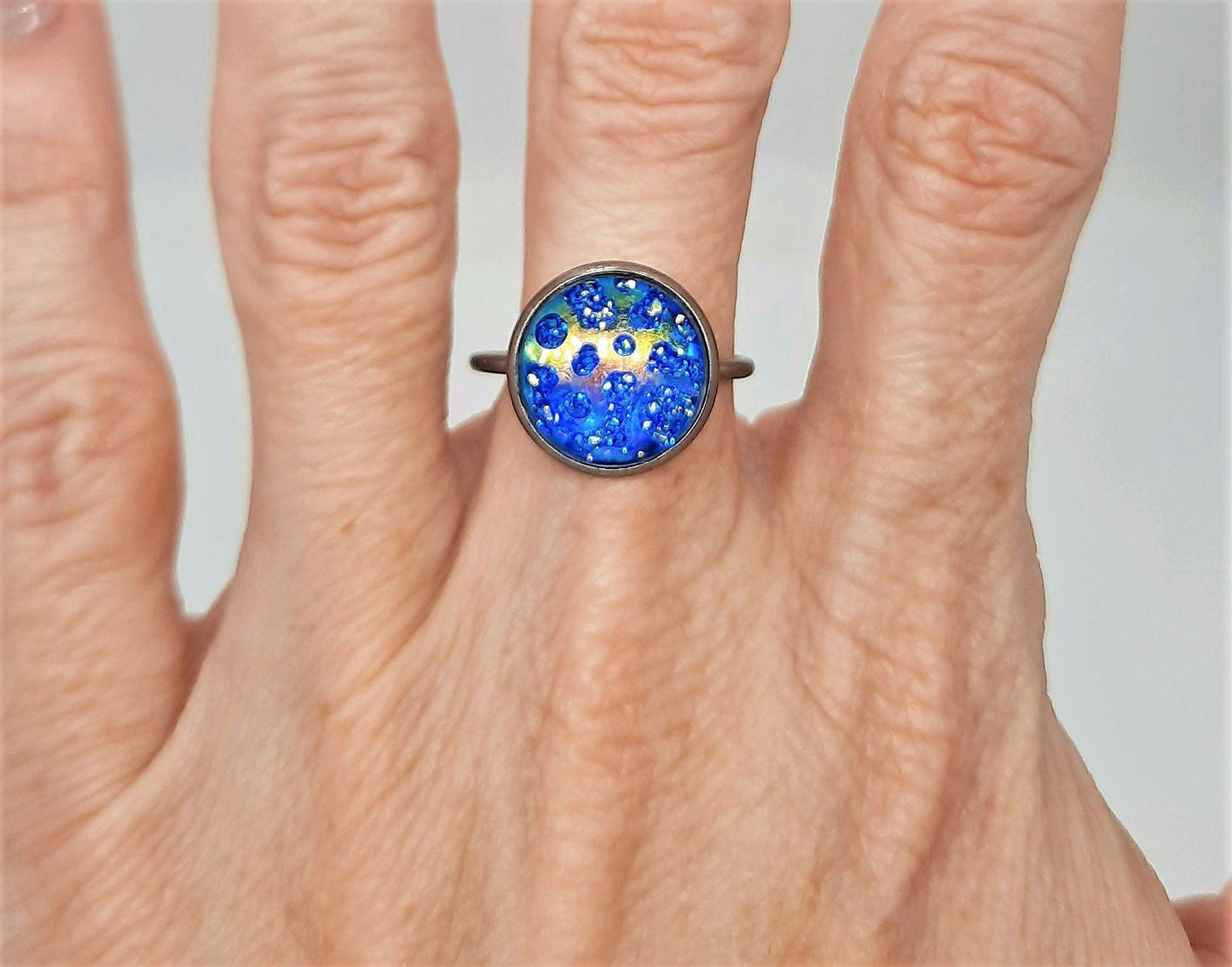 Iridescent Blue Resin Cuff Finger Ring, Size 7