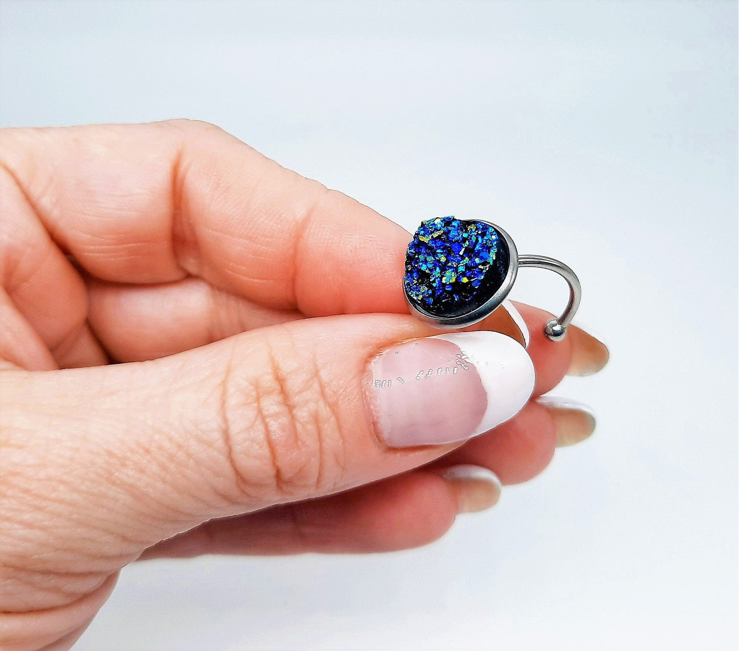 Druzy Stone Stainless Steel Cuff Ring, Size 7