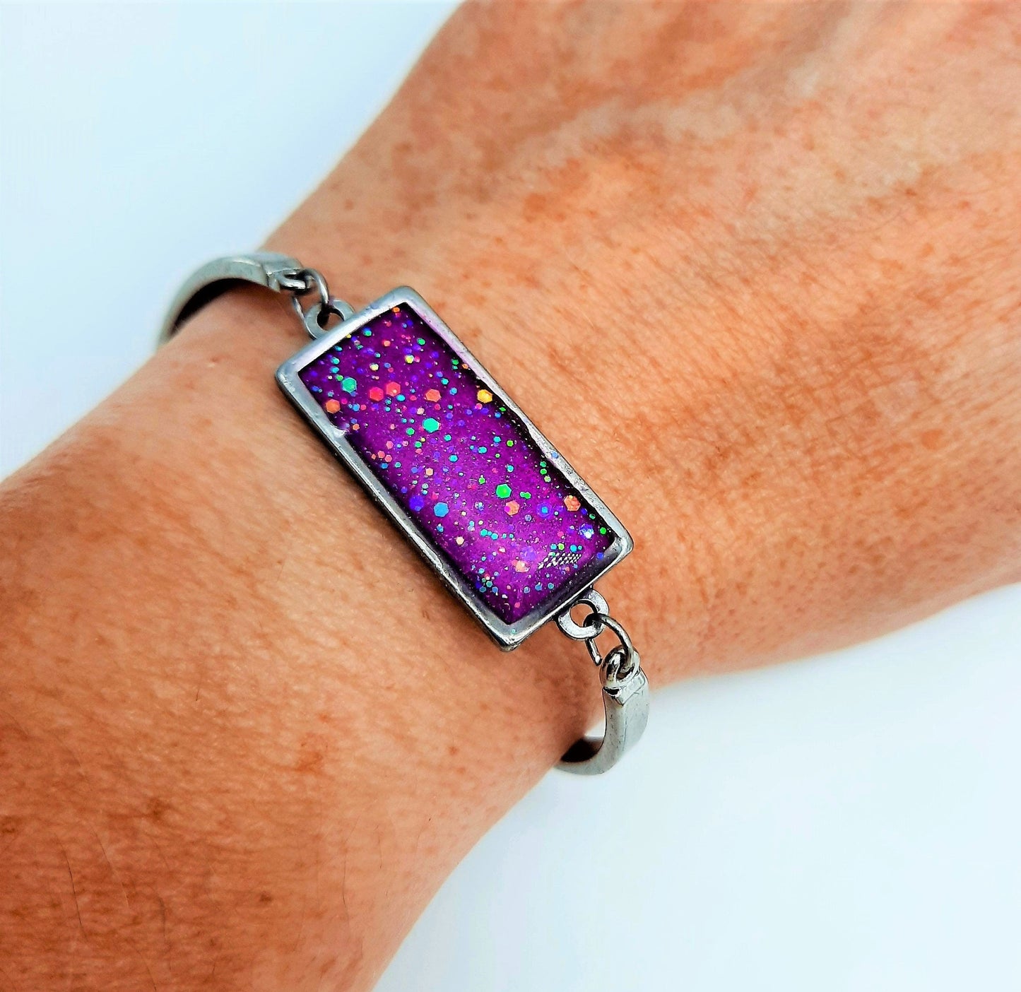 Iridescent Purple Rectangle Adjustable Bangle Bracelet