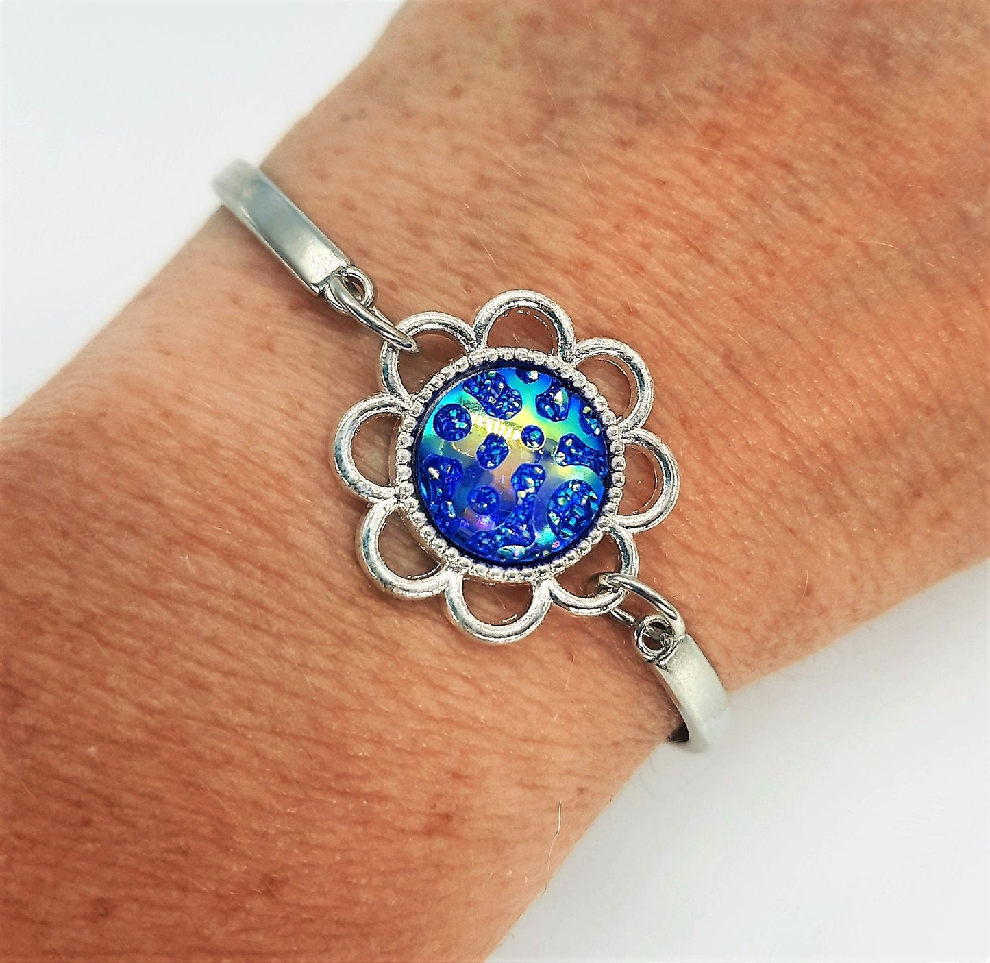 Flower Power Iridescent Blue Resin Adjustable Bangle Bracelet