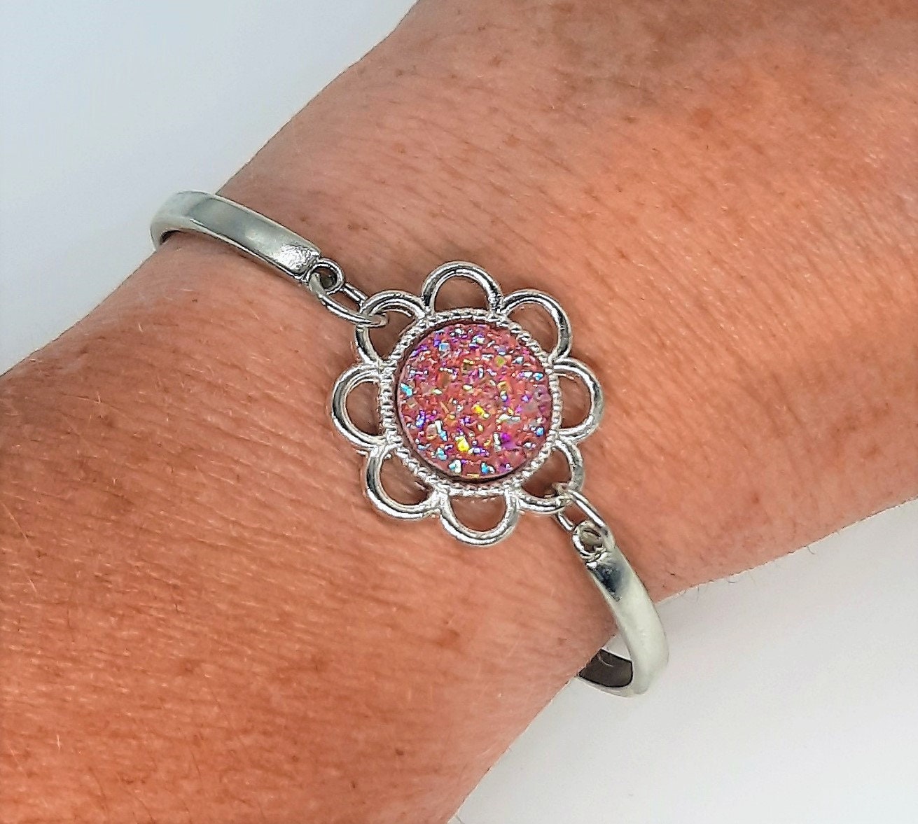 Flower Power Iridescent Pink Druzy Adjustable Bangle Bracelet