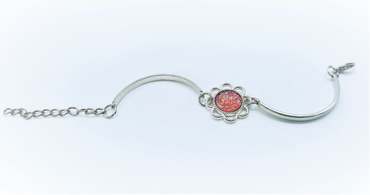 Flower Power Iridescent Pink Druzy Adjustable Bangle Bracelet