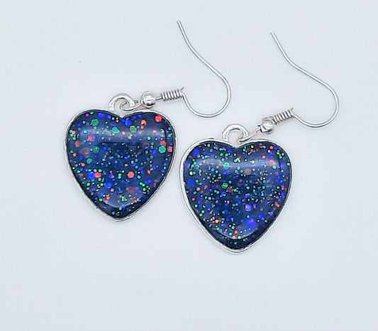 Dark Blue Sparkle Heart Shaped Resin Earrings