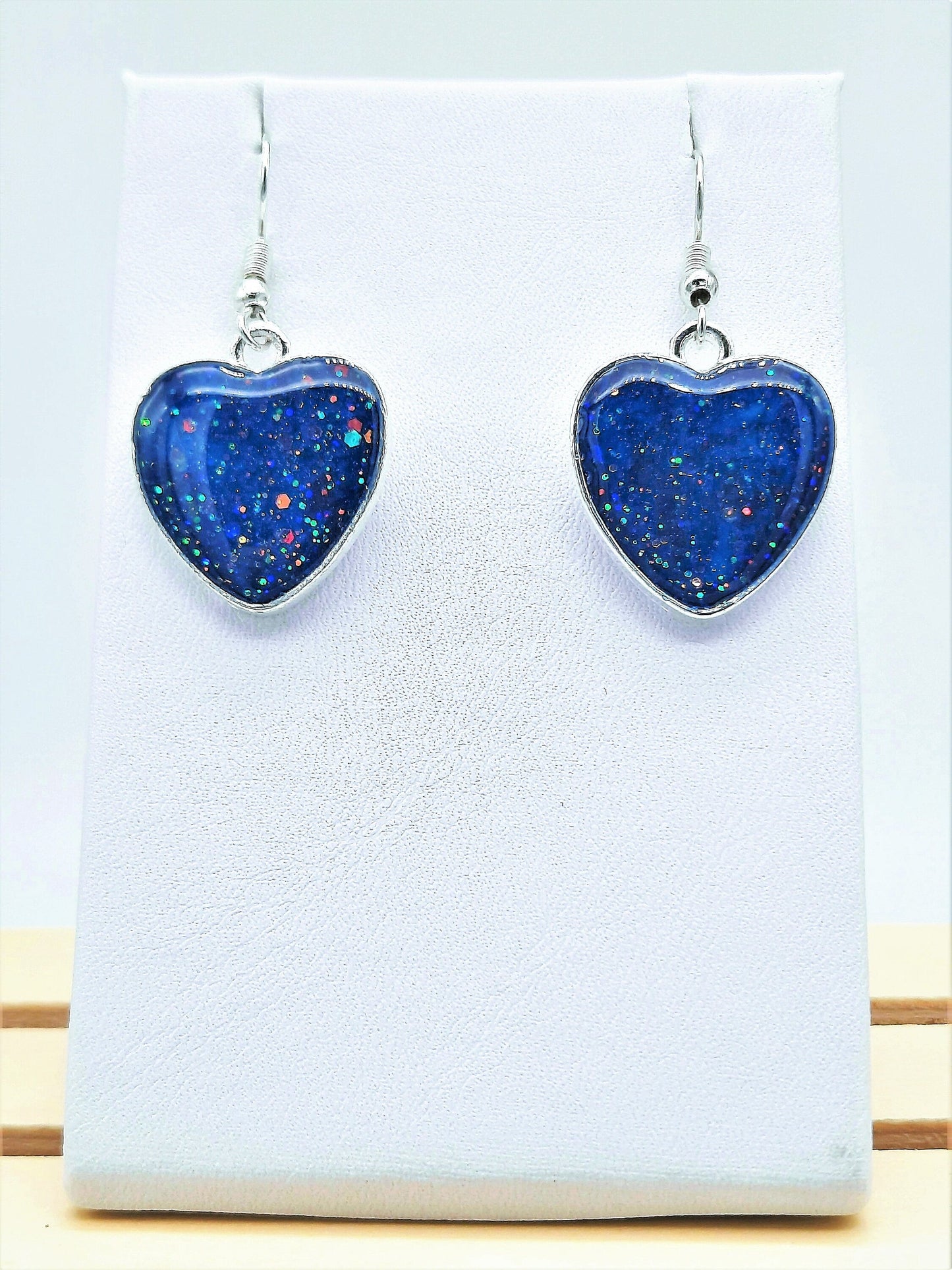 Dark Blue Sparkle Heart Shaped Resin Earrings