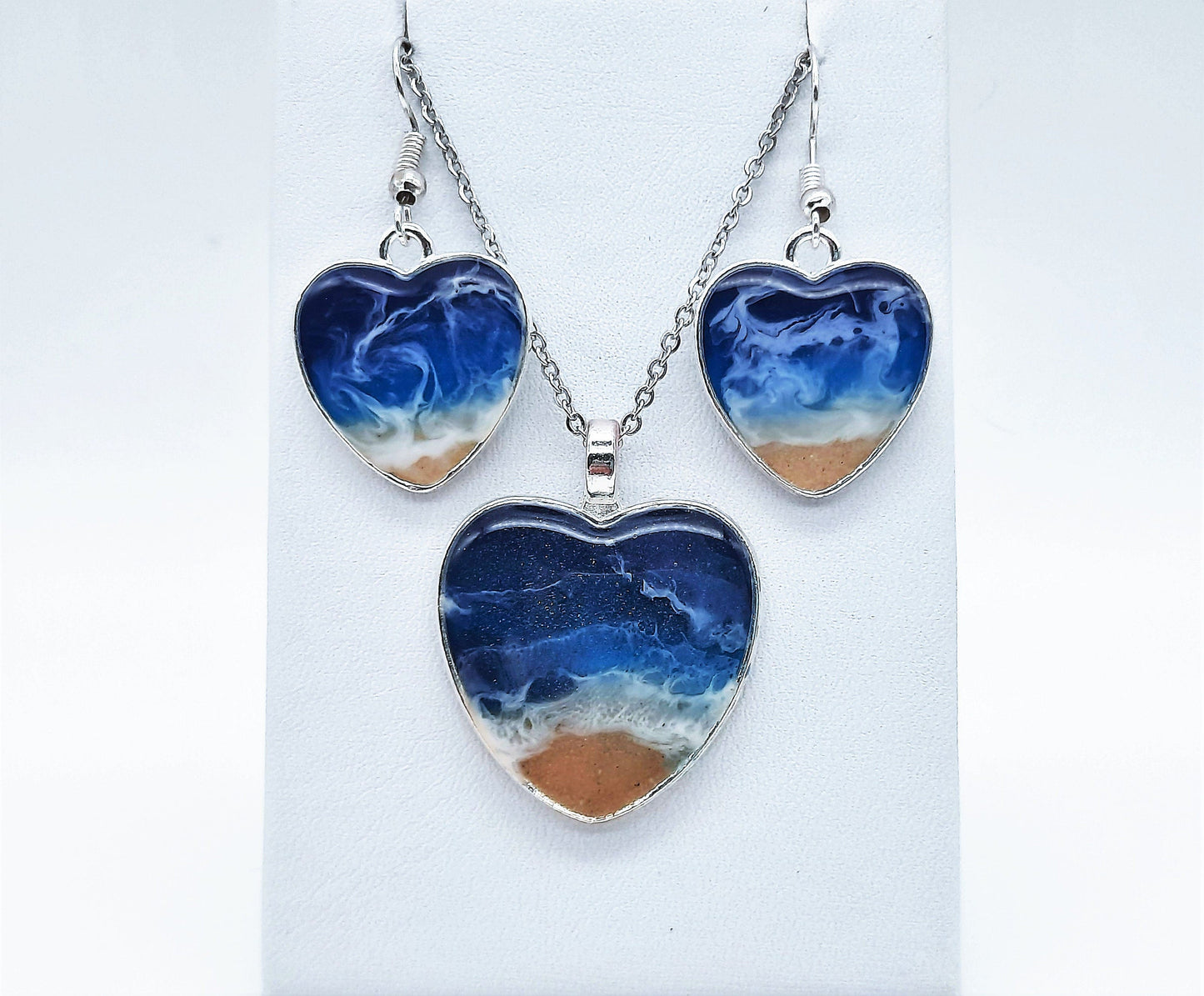 Heart Shaped Resin Seascape Necklace & Earring Set
