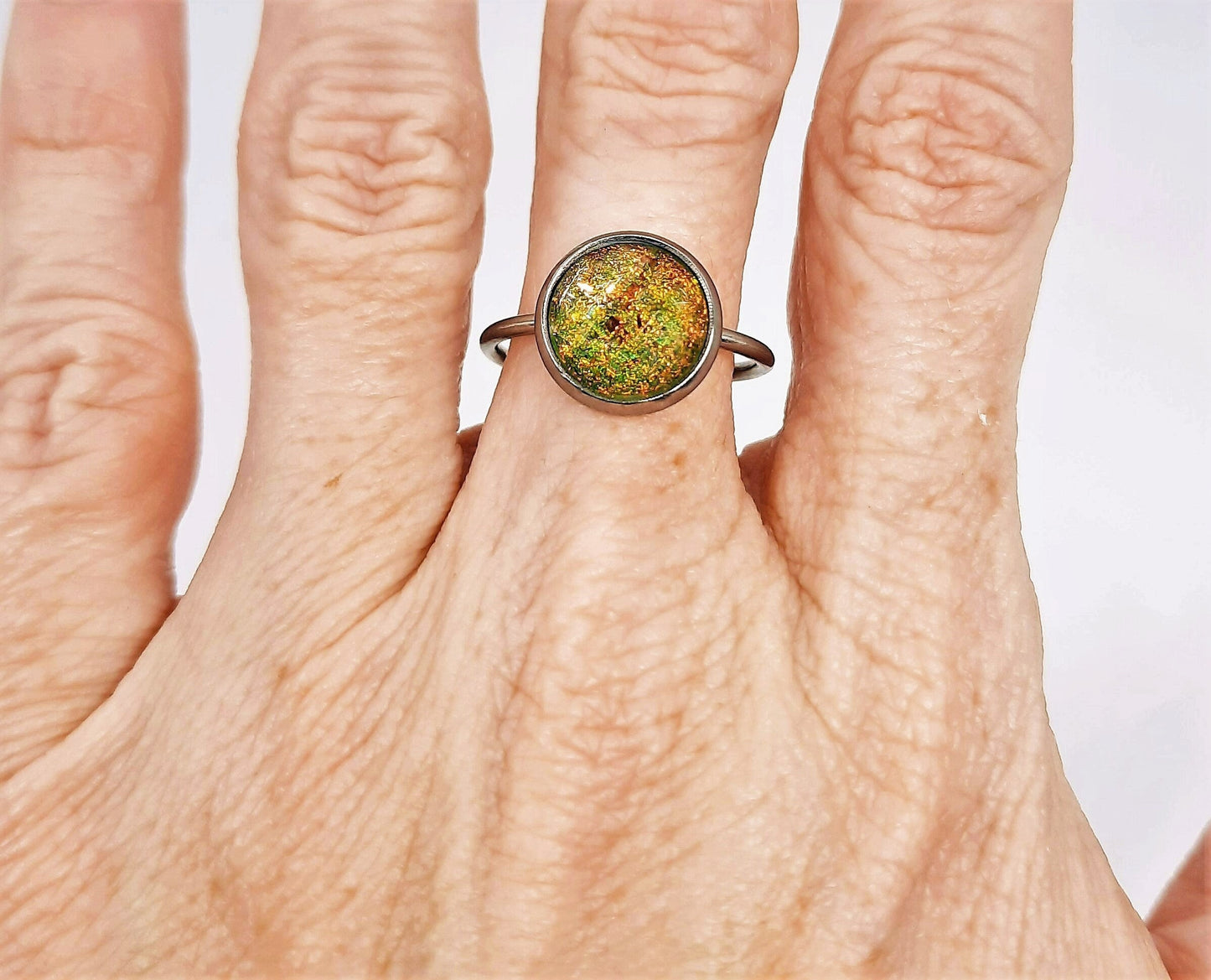 Iridescent Green / Copper Rhinestone Finger Cuff Ring, Size 7