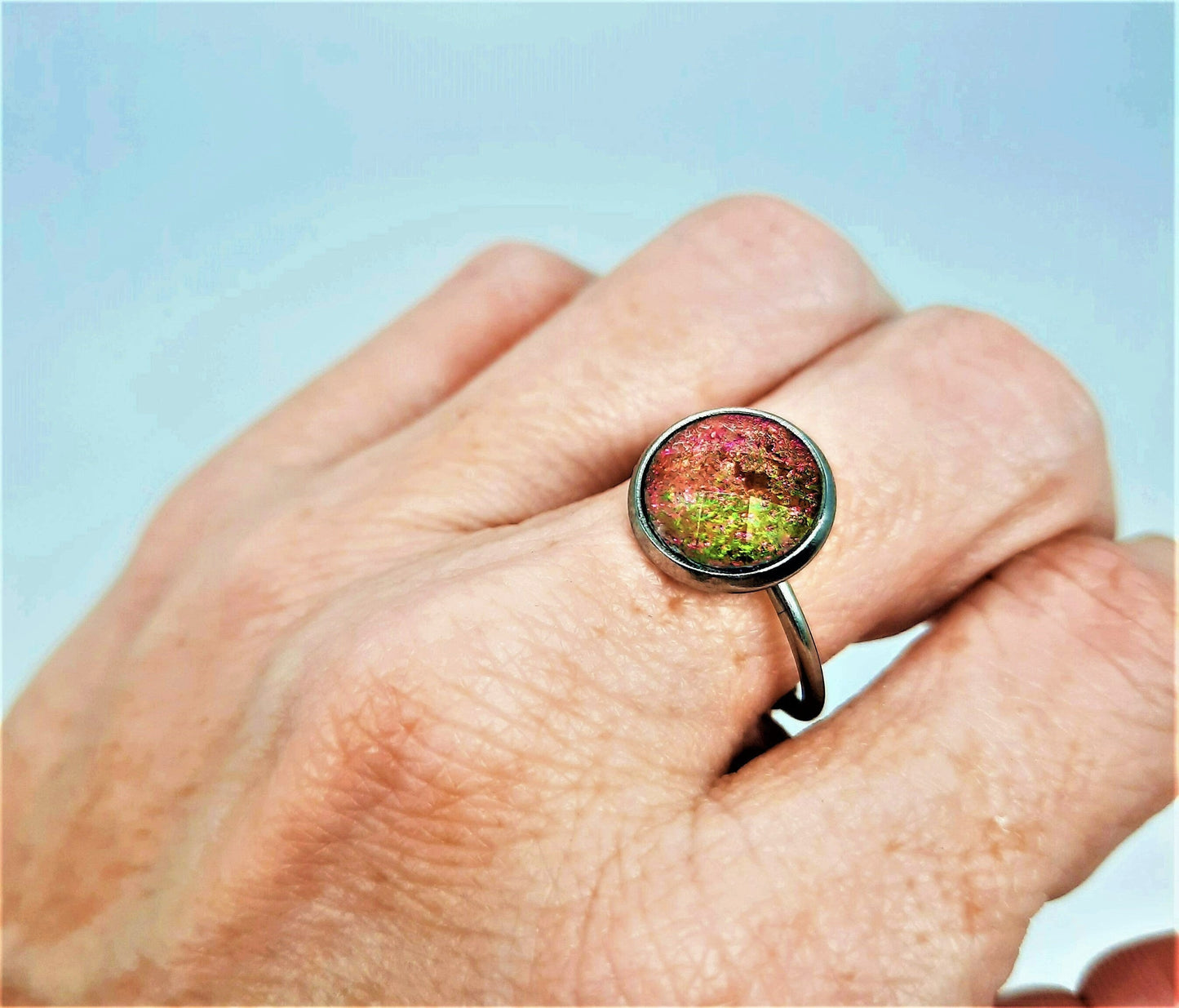 Iridescent Green / Copper Rhinestone Finger Cuff Ring, Size 7