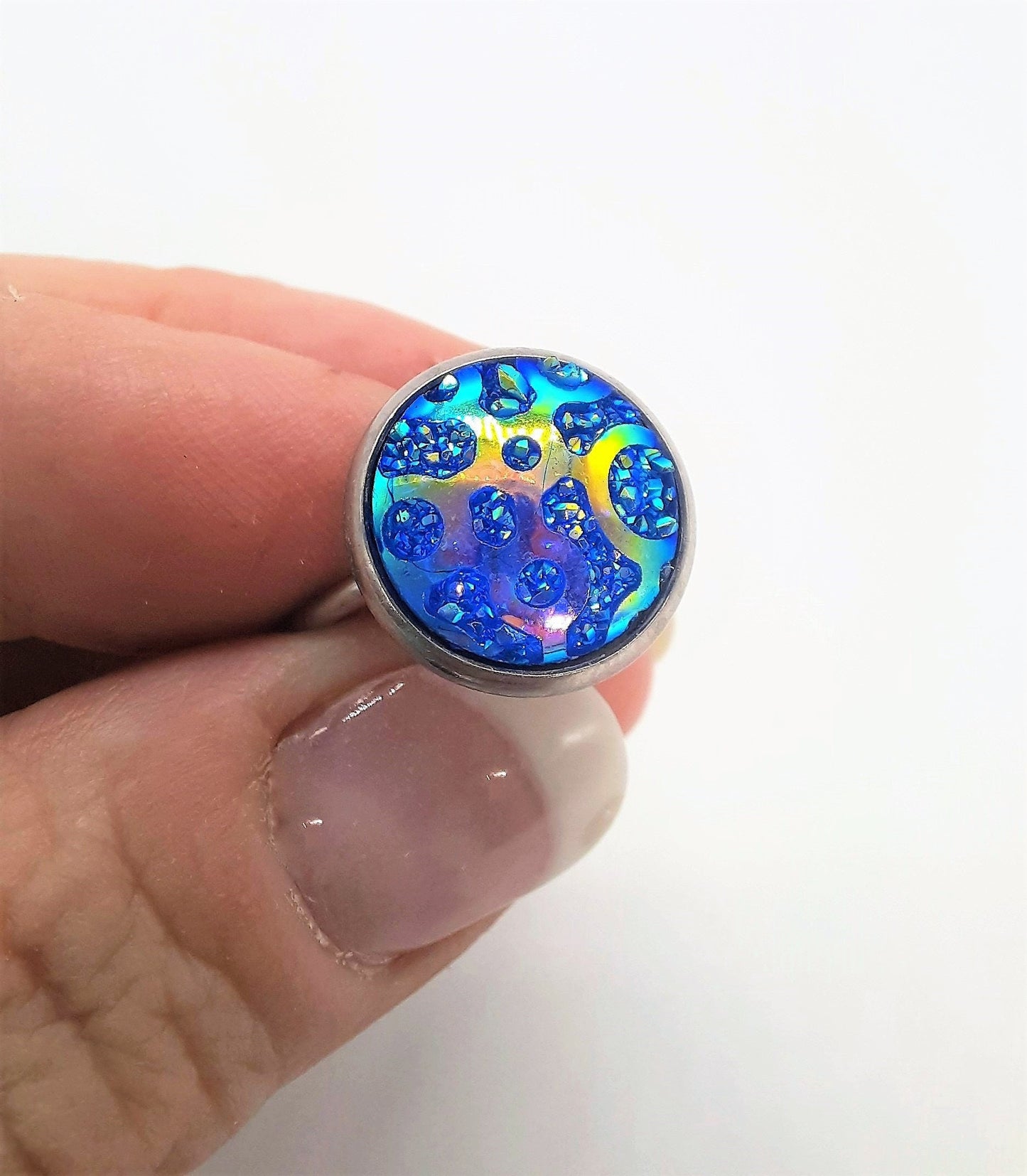 Iridescent Blue Resin Cuff Finger Ring, Size 7