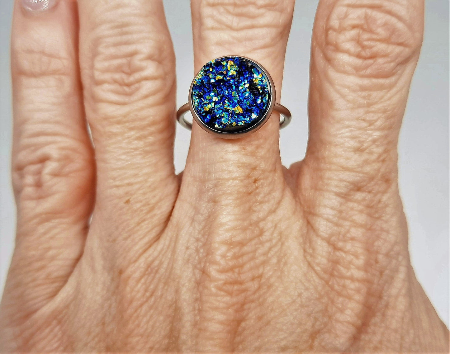 Druzy Stone Stainless Steel Cuff Ring, Size 7