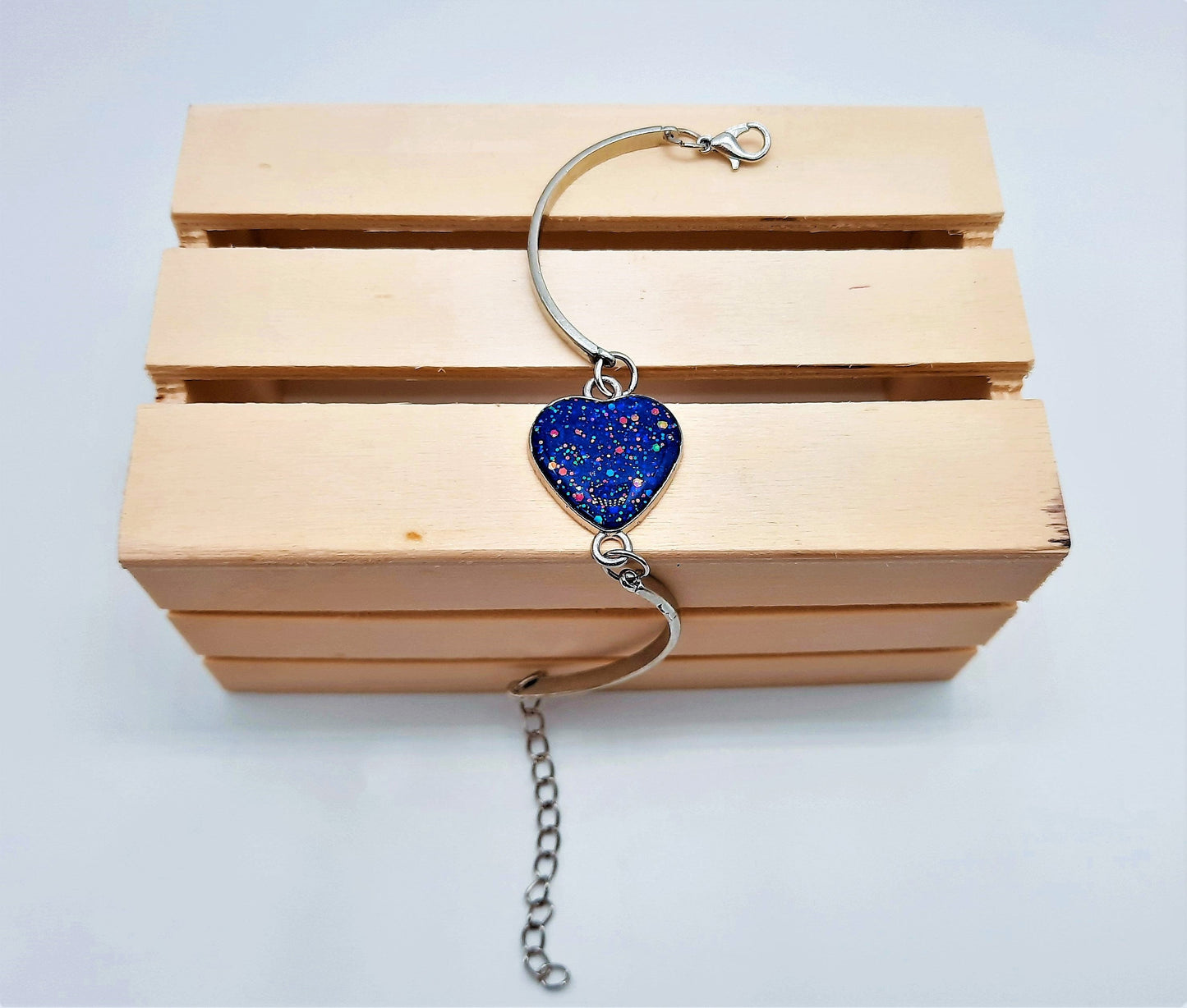 Iridescent Blue Heart Adjustable Bangle Bracelet