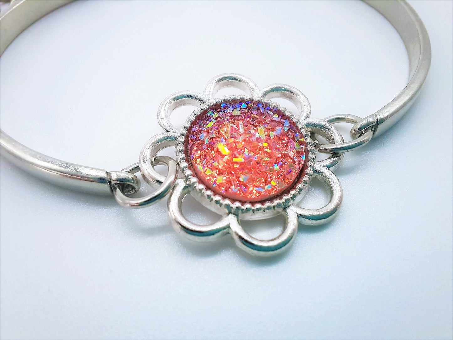 Flower Power Iridescent Pink Druzy Adjustable Bangle Bracelet