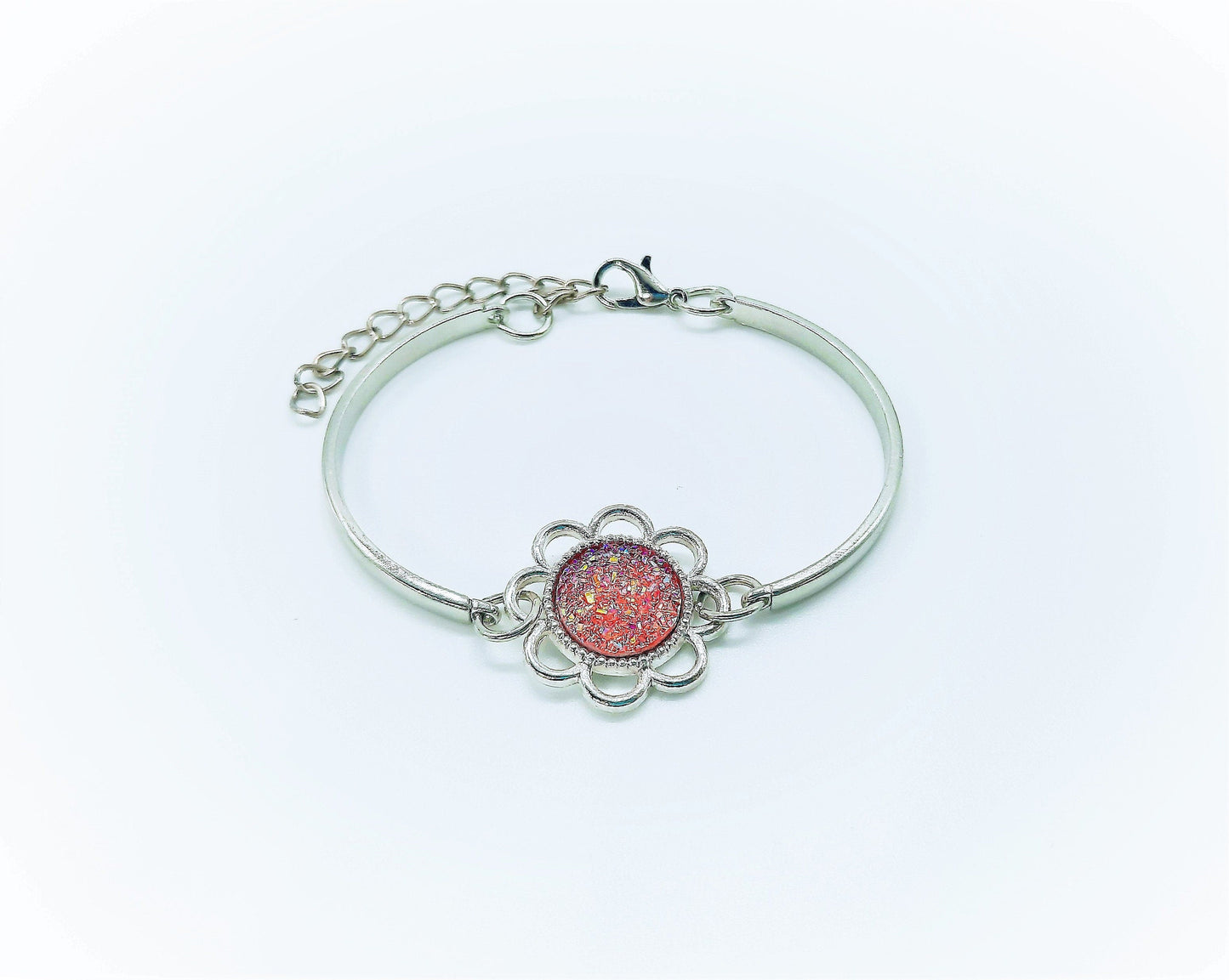 Flower Power Iridescent Pink Druzy Adjustable Bangle Bracelet