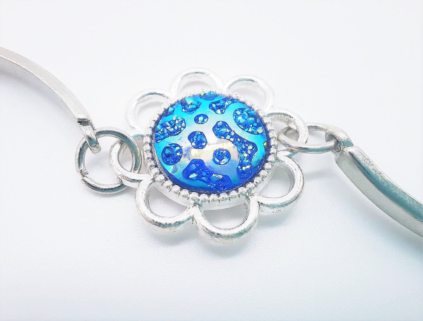 Flower Power Iridescent Blue Resin Adjustable Bangle Bracelet