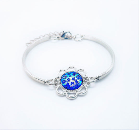 Flower Power Iridescent Blue Resin Adjustable Bangle Bracelet