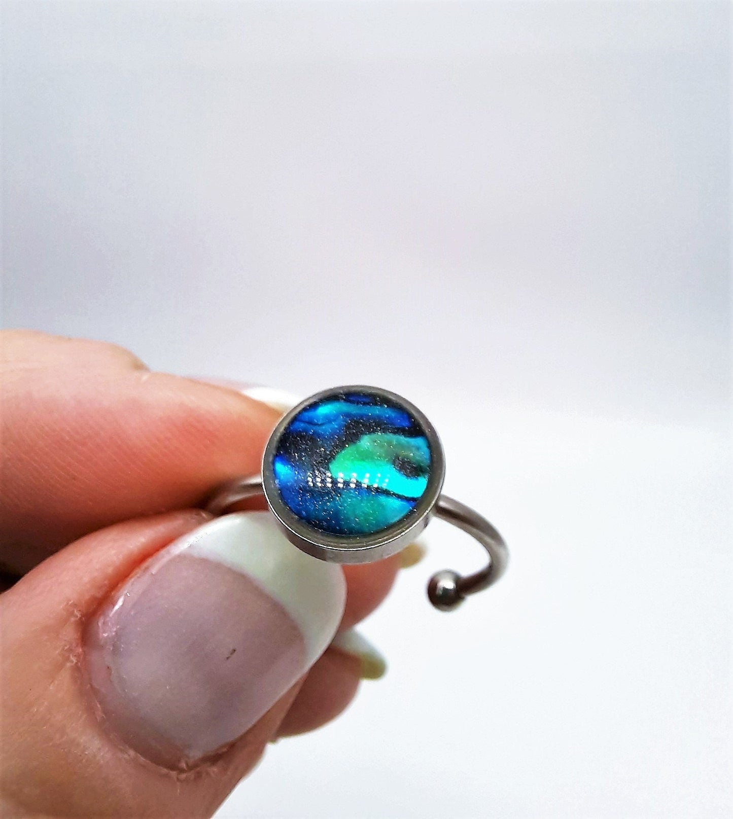 Abalone / Paua Seahhell Stainless Steel Cuff Finger Ring, Size 8