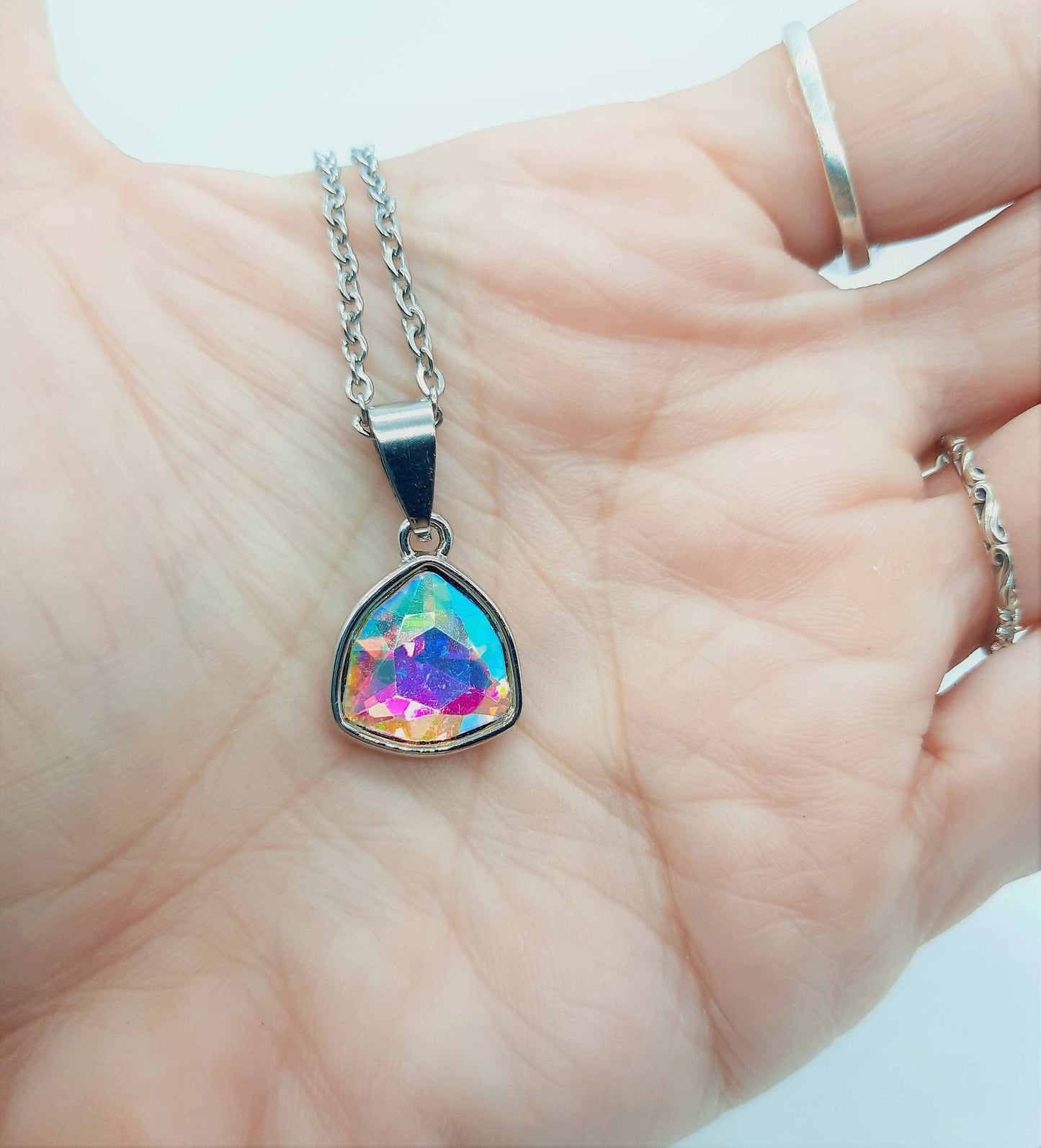 Rainbow Aurora Borealis Triangle  Necklace