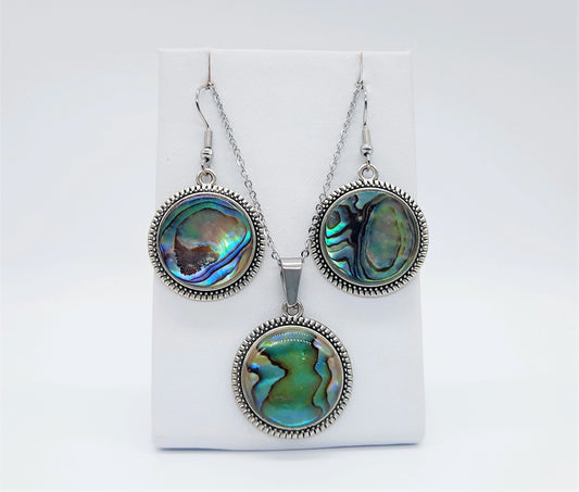 Abalone / Paua Seashell Tibetan Style Pendant Necklace & Earring Set