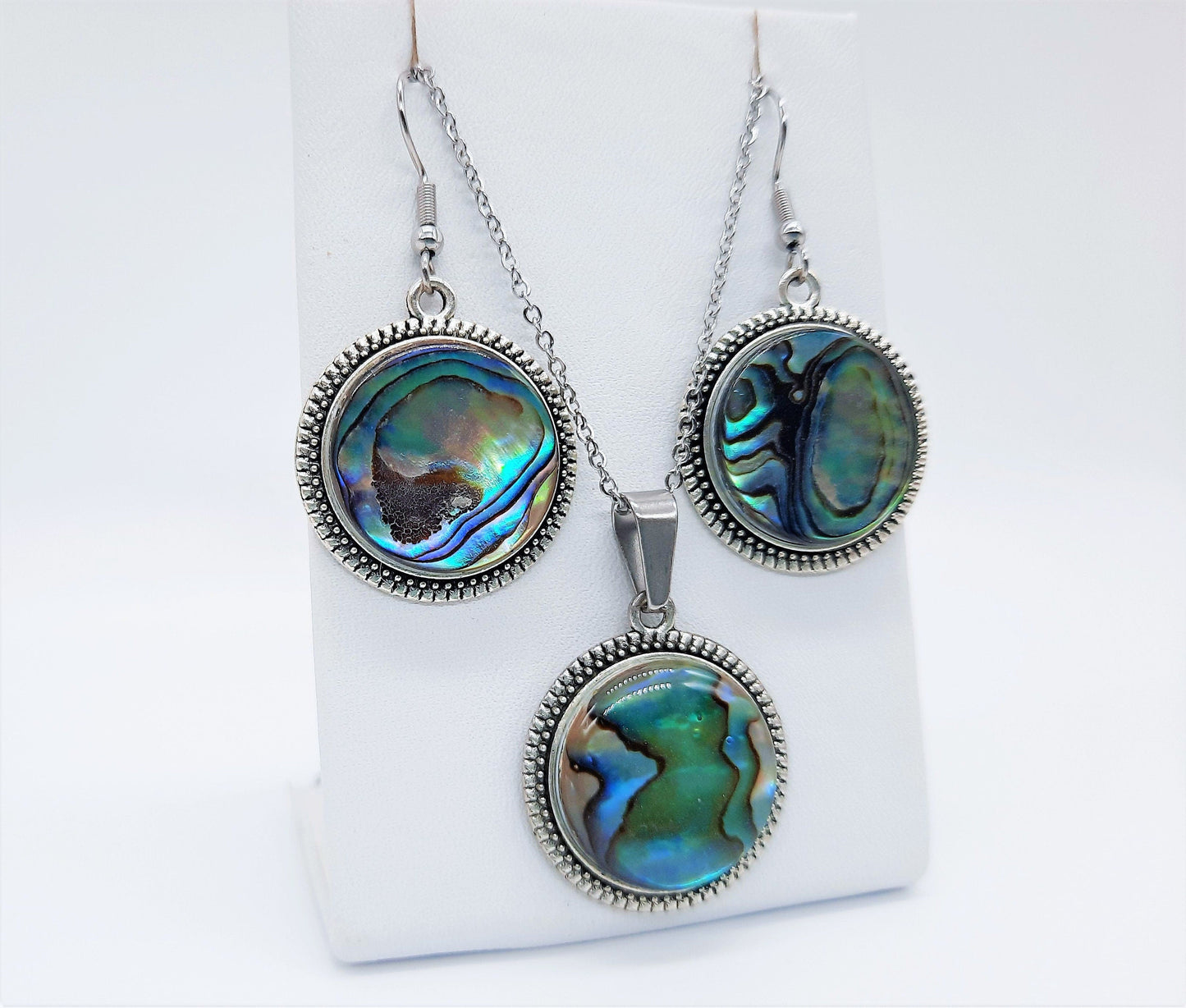 Abalone / Paua Seashell Tibetan Style Pendant Necklace & Earring Set