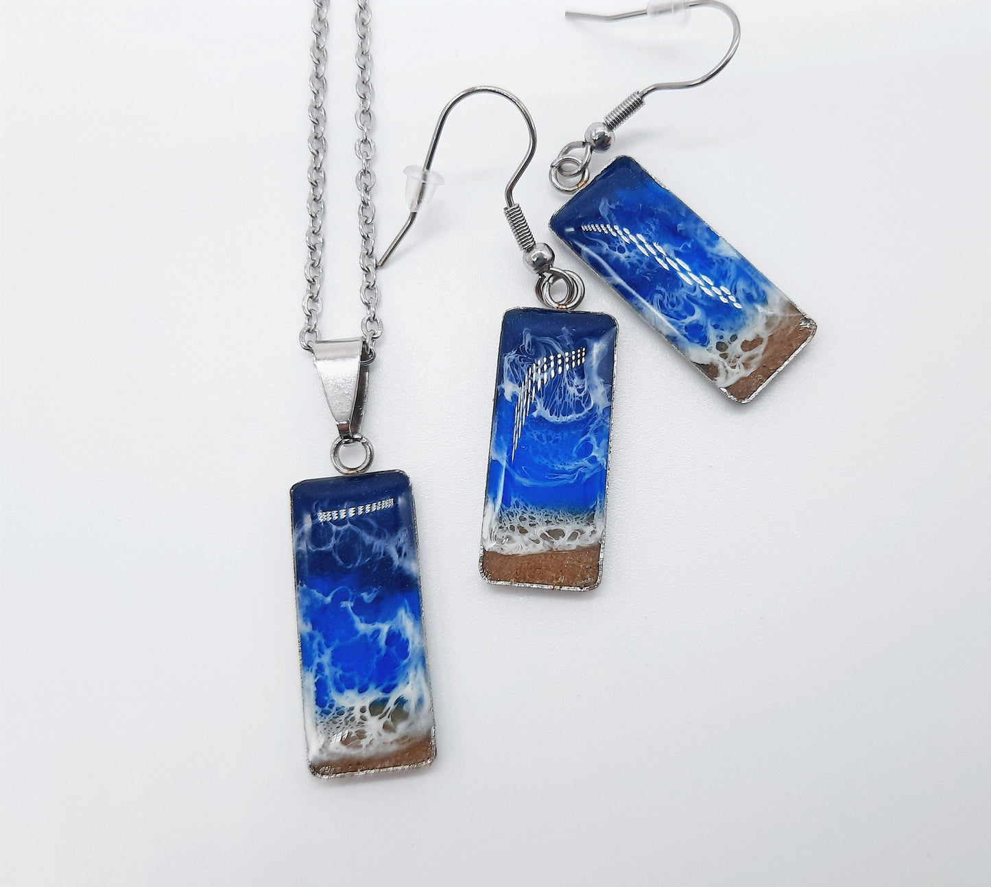Rectangle Shaped Resin Seascape Necklace & Earring Set