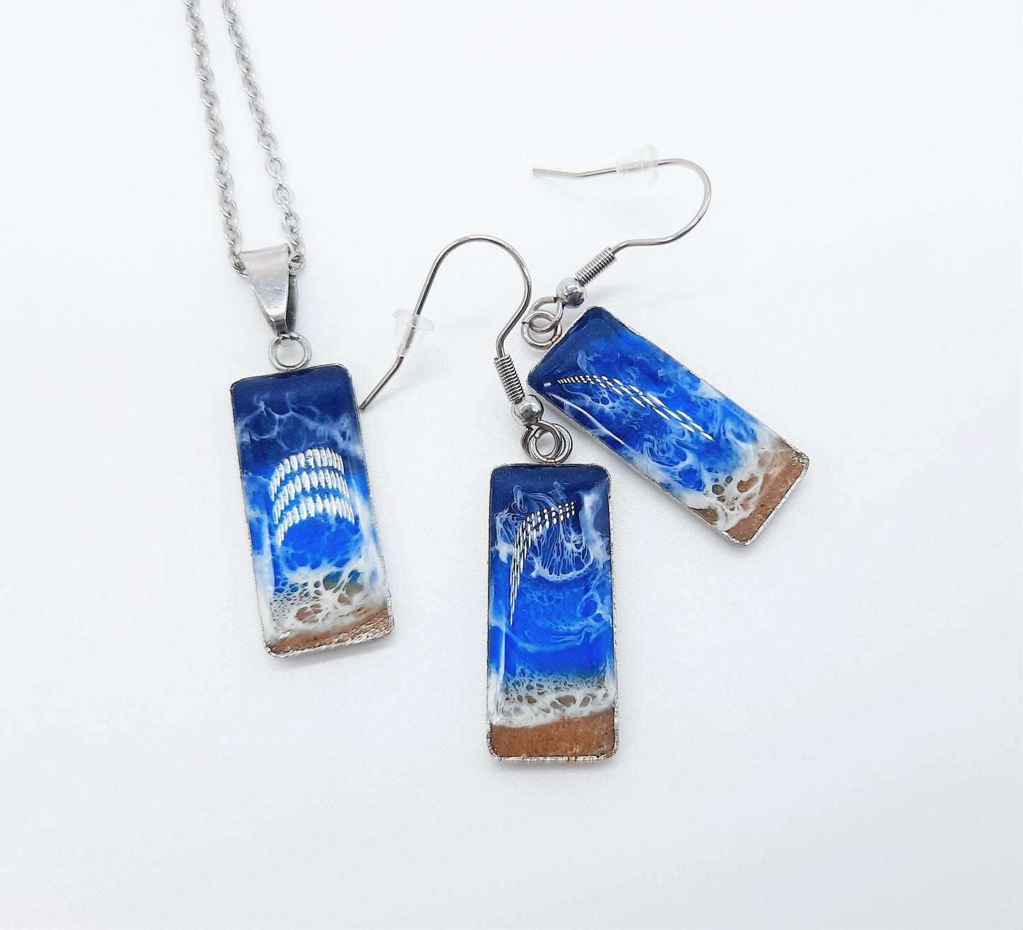 Rectangle Shaped Resin Seascape Necklace & Earring Set