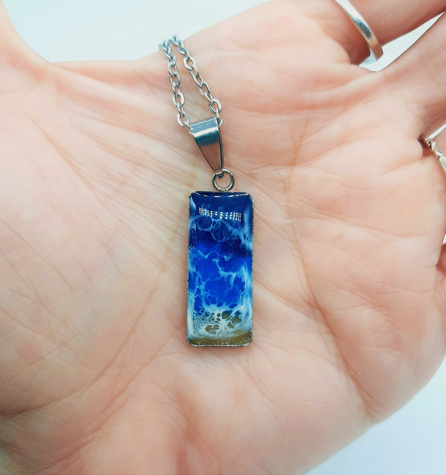 Rectangle Shaped Resin Seascape Necklace & Earring Set